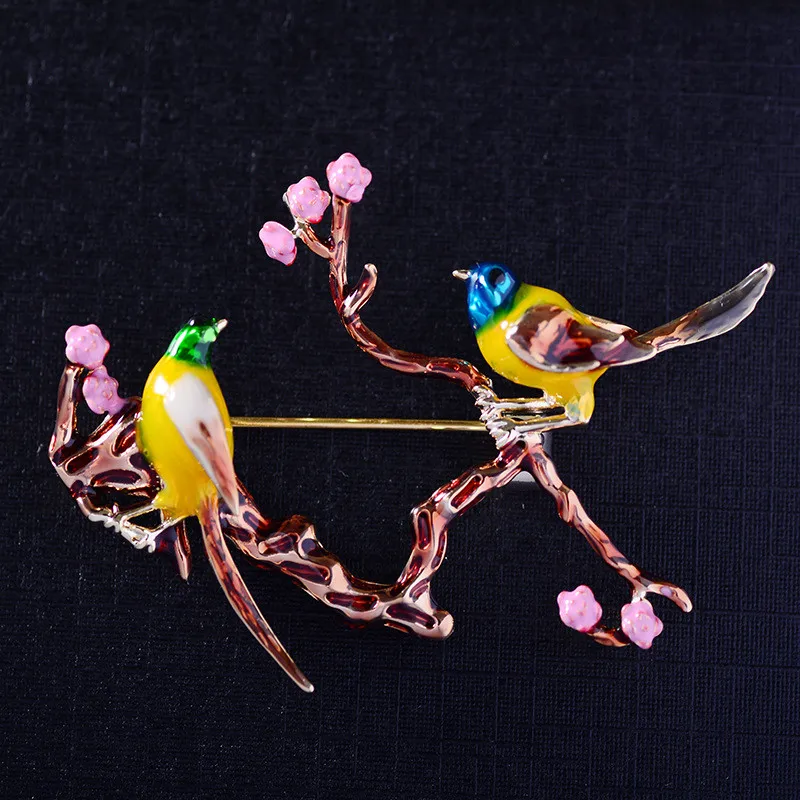 

Colorful Enamel Plated Bird Flower Brooches Pins For Women Cubic Zirconia Magpie Branch Corsage Wedding Party Luxury Bouttoniere