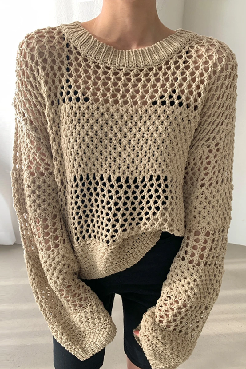 

Women Sweaters 2021 Autumn Korean Retro Elegant Hollow Perspective Design Loose Long-Sleeved Sunscreen Pullovers