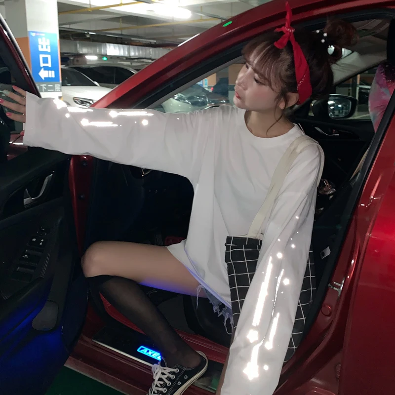 Harajuku светоотражающий принт с длинным рукавом корейская мода Женская одежда roupas Свободные повседневные футболки весна новые женские топы ulzzang