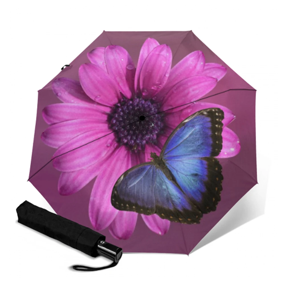 Автоматический зонт бабочка с цветами эпонж защитой от УФ лучей и матовой