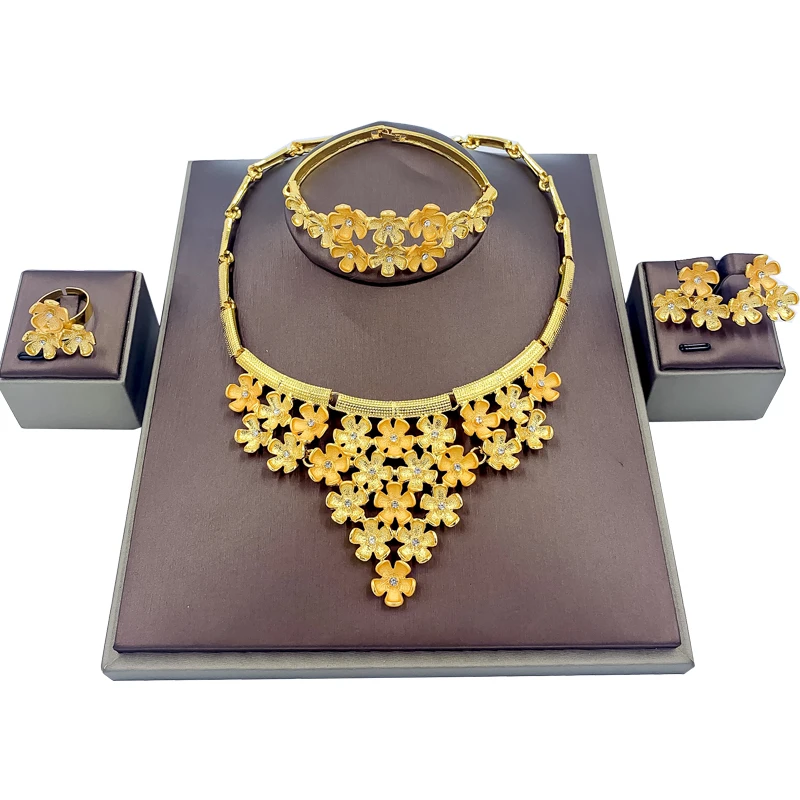 

African Fashion Jewelry Sets Flower Necklace for Women Crystal Bracelet Earrings Dubai Elegant Bridal Wedding Jewelry Gift