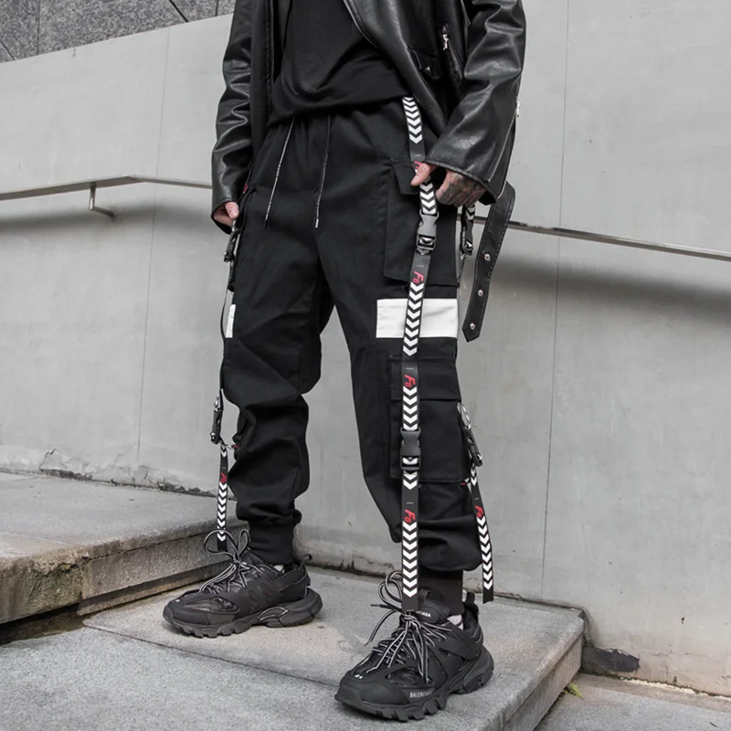 Liketkit мужские зимние брюки карго 2019 хип хоп длинные черные с лентами для бега Harajuku