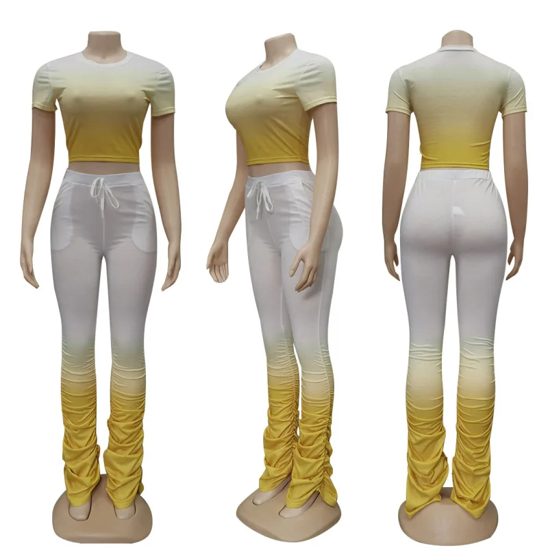 

Two Piece Set Women Color Tie-dye Trend Two - Piece Suit Sexy Short T-shirt Pair of Trousers 3 Colors