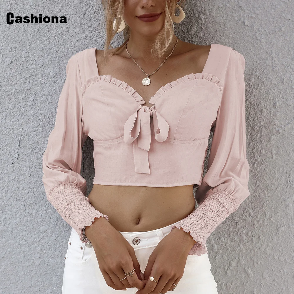 

Женский укороченный топ Cashiona, новая осенняя блузка, Повседневная рубашка, 2020, женская элегантная блуза с длинным рукавом и галстуком-бабочк...