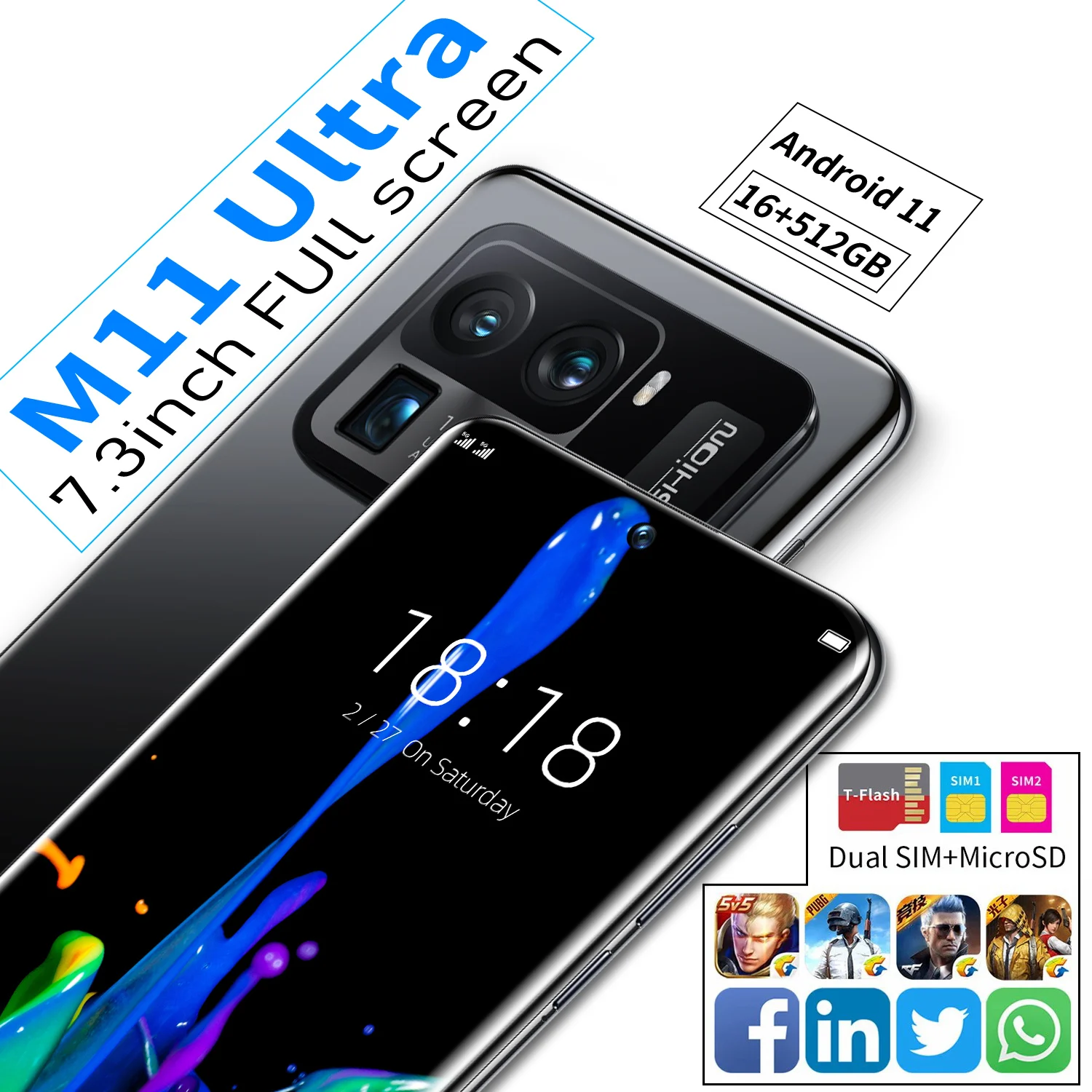 

Global Version M11 Ultra Smartphones 7.3 Inch HD+ Full Display 16+512G 6800mAh 5G Mobilephones Fingerprint Unlock Cellphones