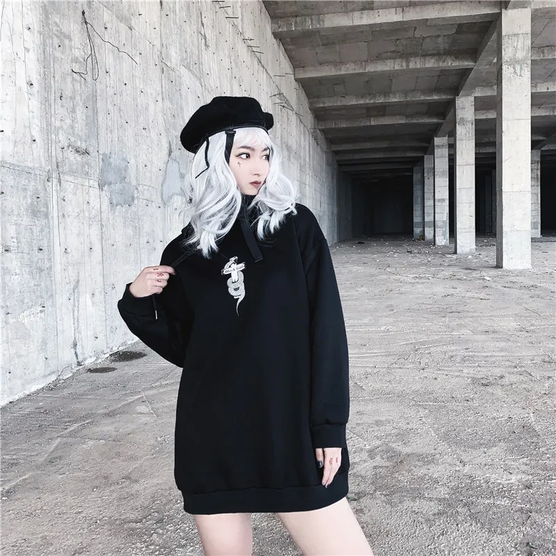 Готический Темный свитшот для женщин Harajuku крест змеиный принт длинный рукав свободный с капюшоном гранж-панк улица плюс бархат толстовки для женщин