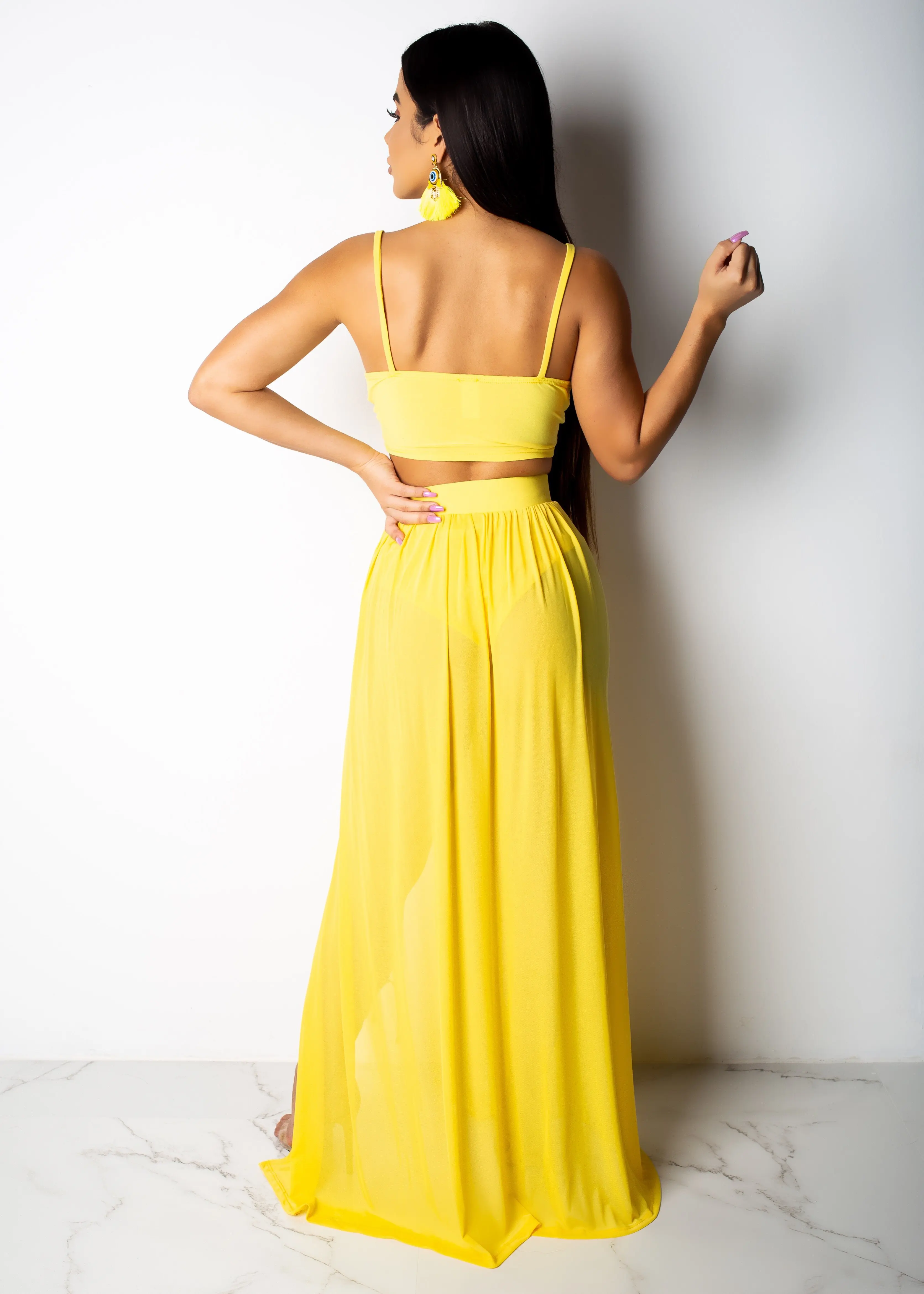 

BJYL Two Pieces Women Dresses Sexy Spaghetti Strap Top Long Slit Skirt Summer Chiffon Two Pieces Outfit Solid Pattern Women Set