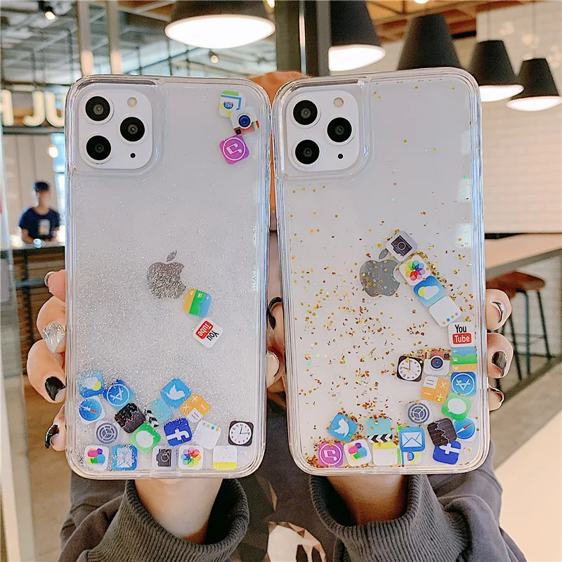 

Mobile Application Icons Phone Cases for iphone XR Case iphone11 12 13 Pro XS MAX X 8 7 Plus Glitter Liquid Quicksand Back Cover