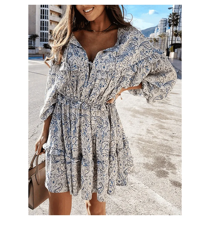 

Женское свободное мини-платье в стиле бохо, с оборками и длинным рукавом