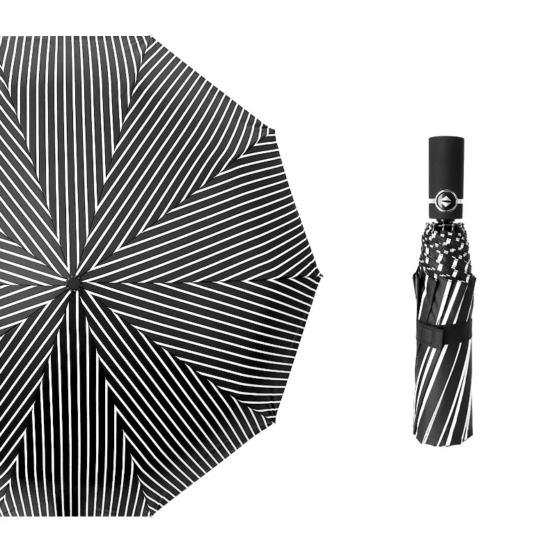 

10 Ribs Big Black White Checked Automatic Man Women's Folding Umbrella Windproof Black Coating 10K Strong Sunshade Umbrellas