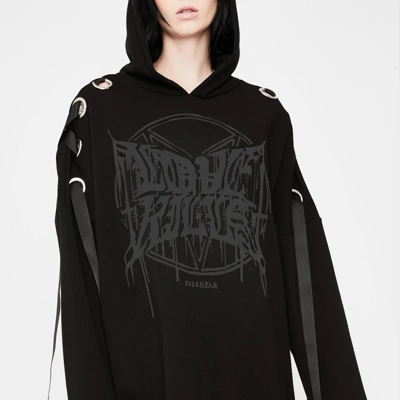 Y Demo готический черный женский пуловер с капюшоном и длинным рукавом на шнуровке