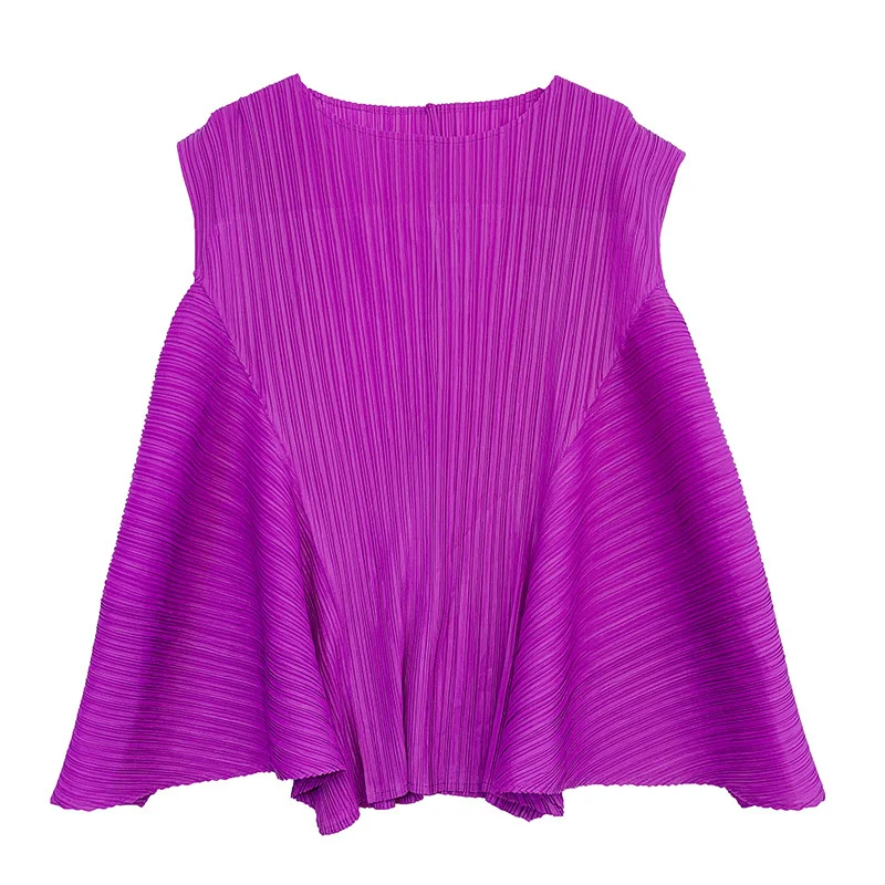 

LANMREM 2021 Summer Wrinkled Irregular Blouse For Women Short Sleeve Round Neck Loose Top Female Clothing New Arrival 2C2119