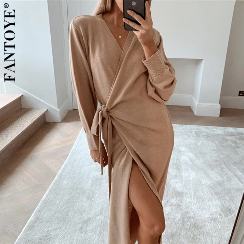 Женское трикотажное платье свитер FANTOYE Осеннее Свободное с длинным рукавом и v