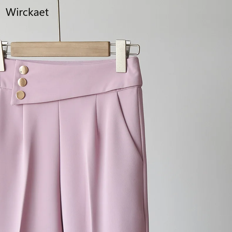 

WiRckeat Casual Women's Black Pants OL Spring Pink Suit Pants Women High Waist Pants Button Ankle Length Loose Capris Trousers