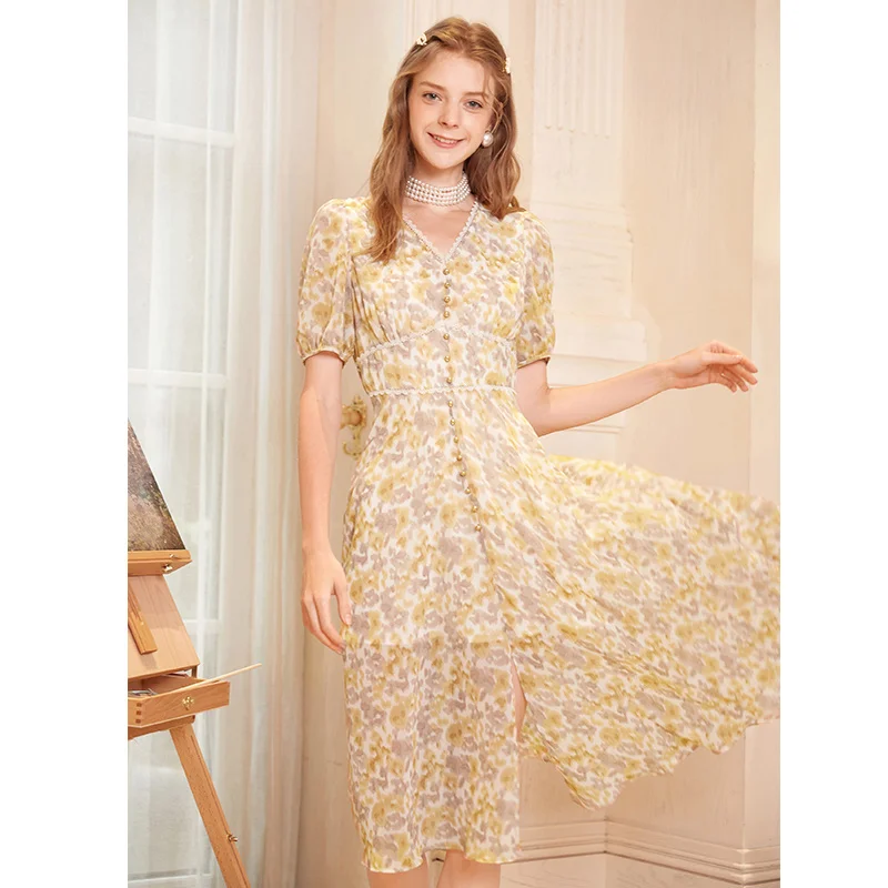

SHZQ Chiffon Dress Women's Summer 2021 New Small Fresh Skirt High Waist French V-neck Oil Painting Floral Skirt