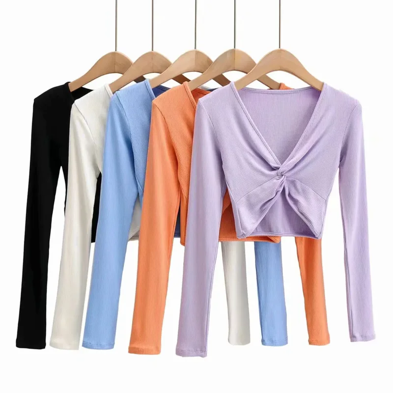 

2020 Summer New Arrivals Casual Patchwork V-neck Long Sleeve Sexy Slim Short Pleated Shirt Top Women U988