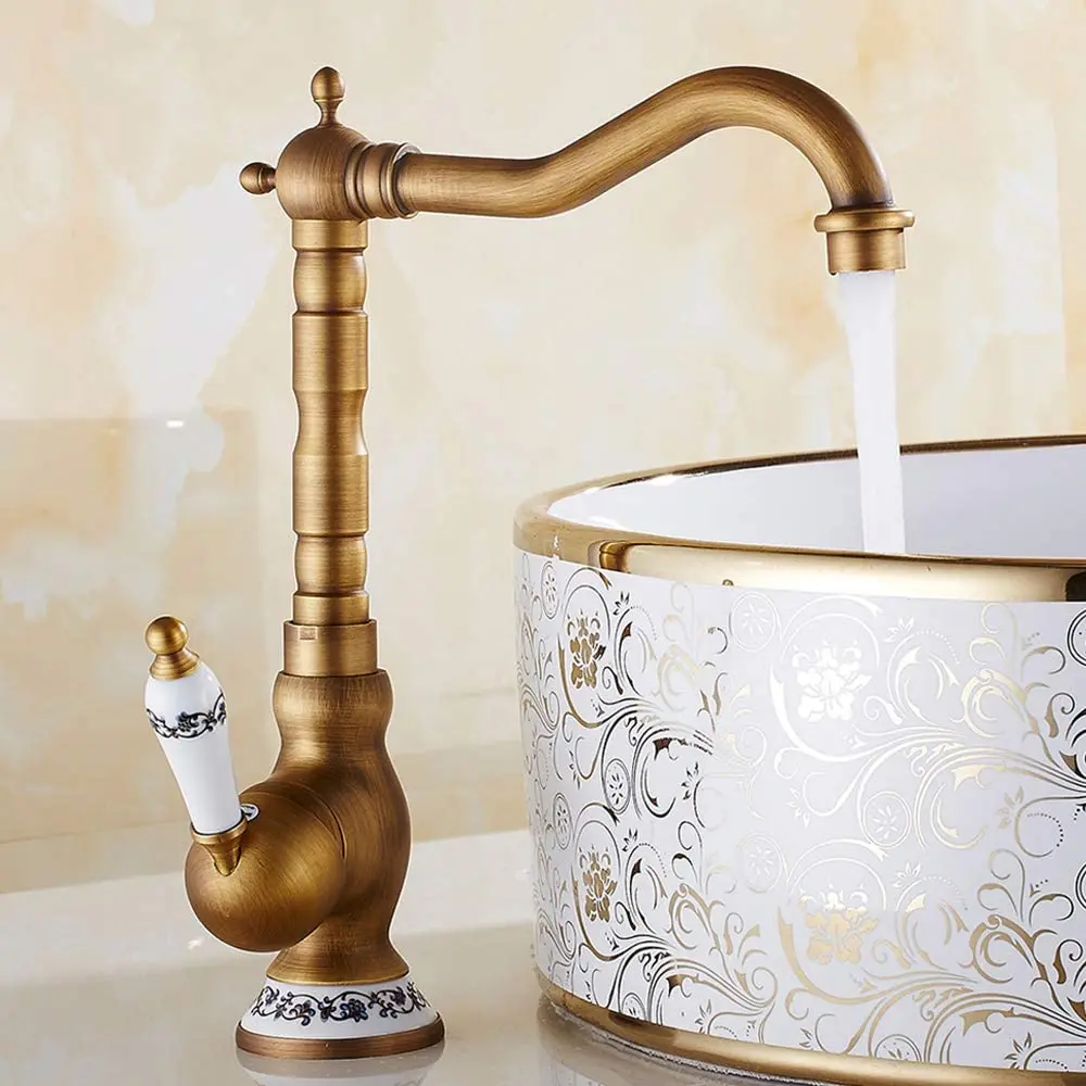 

Antique Brass Bathroom Kitchen Faucet Hot & Cold Mixer Tap Basin Faucet Rotatable Crane Blue and white porcelain handle