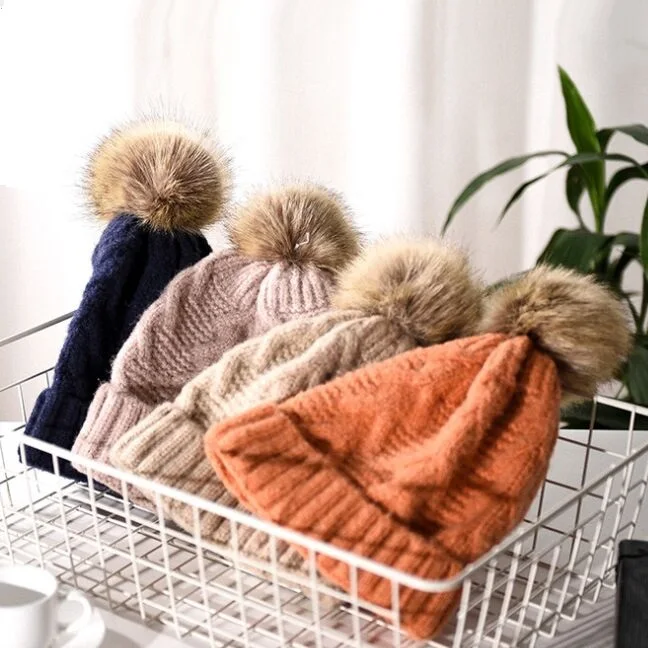 Женская Вязаная Шапка бини с помпоном из искусственного меха|Женские Skullies и