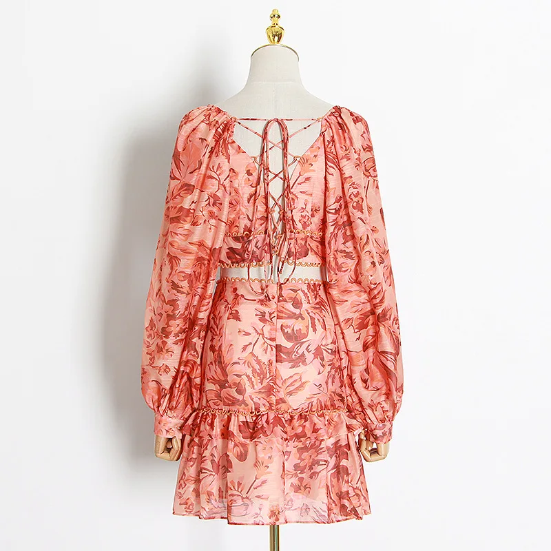 

New 2021 Casual Print Women Two Piece Sets Sexy Deep V Neck Puff Sleeve Short Top Fashion High Waist Korean Style Ruffles Suit