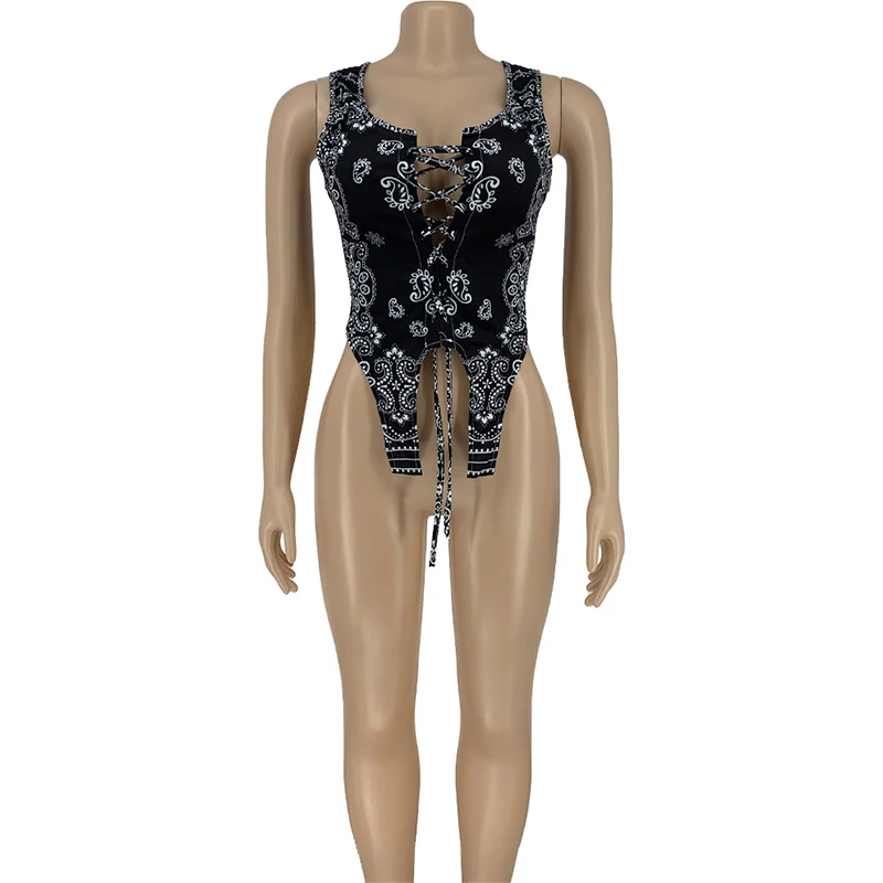 

Bandana Print Women Tops Summer Sleeveless Crop Top Y2K Aesthetic T Shirts Lace Up Sexy Tank Tops Nightclub Party Bodycon S-XXL