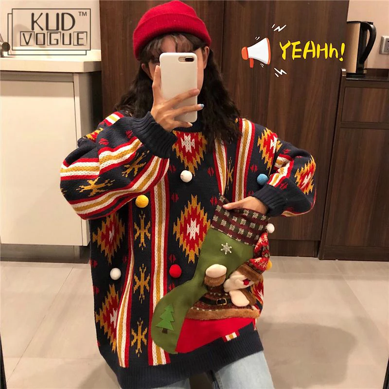 новогодний свитер женский оверсайз Корейские зимние уродливые рождественские