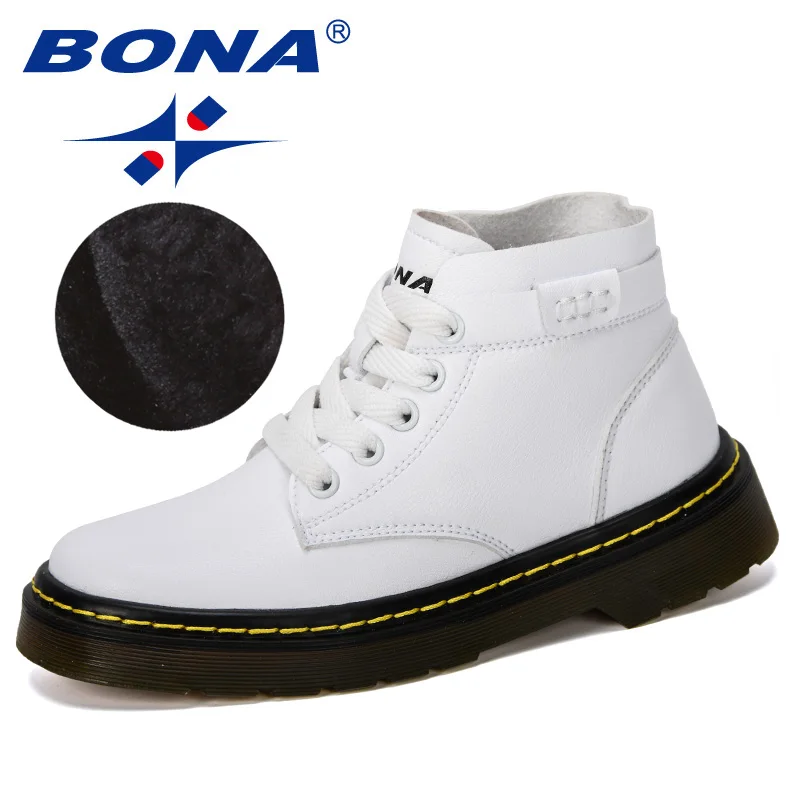 White BONA, новые дизайнерские зимние мальчики Ботинки, детская обувь, детские кроссовки модные кожаные ботинки с плюшевой подкладкой Ботильоны на плоской подошве Мода - Цвет: White