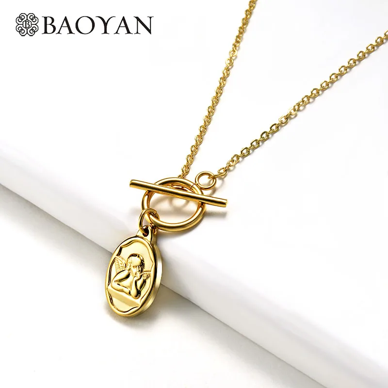 

Baoyan Fashion Stainless Steel Necklace Vintage Gold Coin Necklace with OT Clasp Fashion Thorns Cross Pendant Necklace For Women