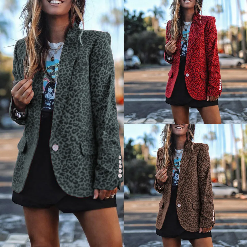 

Women Leopard Print Blazer Long Sleeve Work Office Lady Slim Outwear Coat -OPK