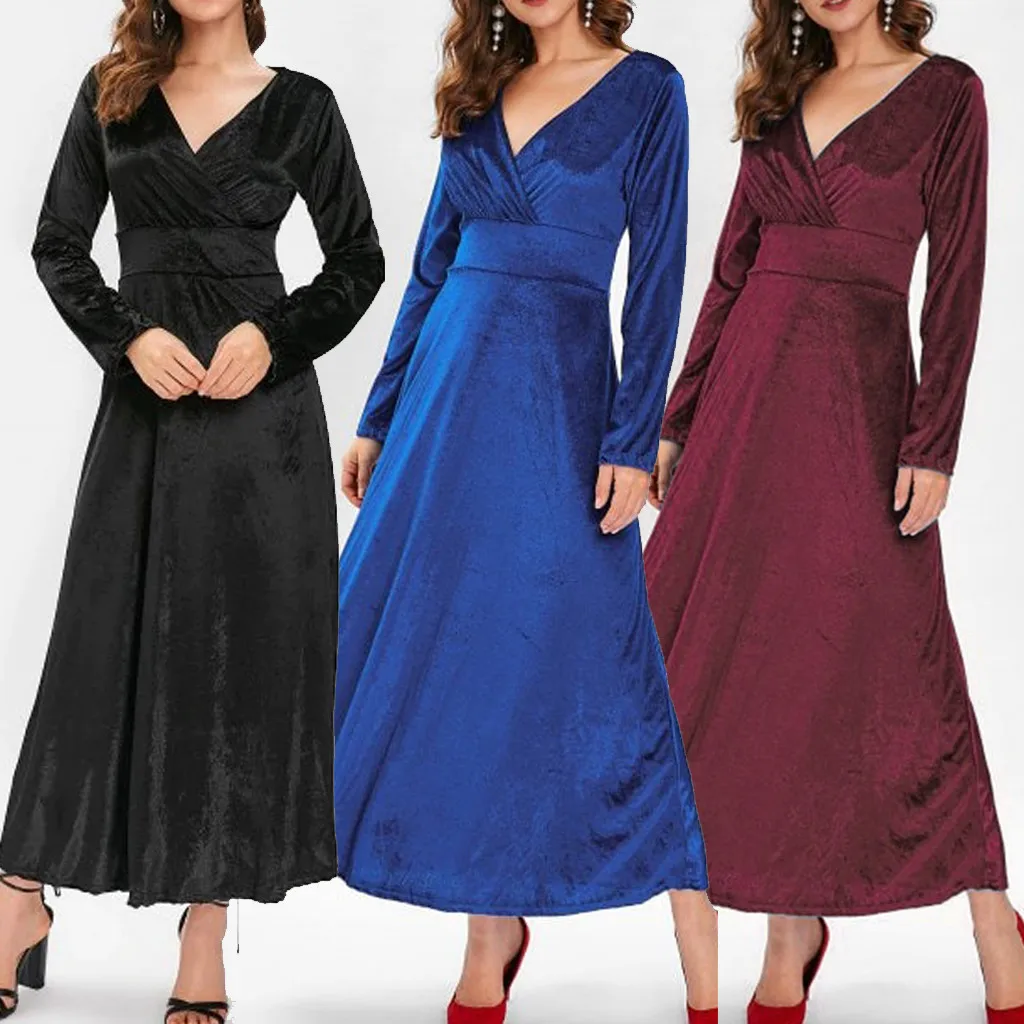 

Vogue Autumn And Winter women's long-sleeved Solid Color V-neck Waist Elegant Dress Casual Sexy Ankle-Length Dress