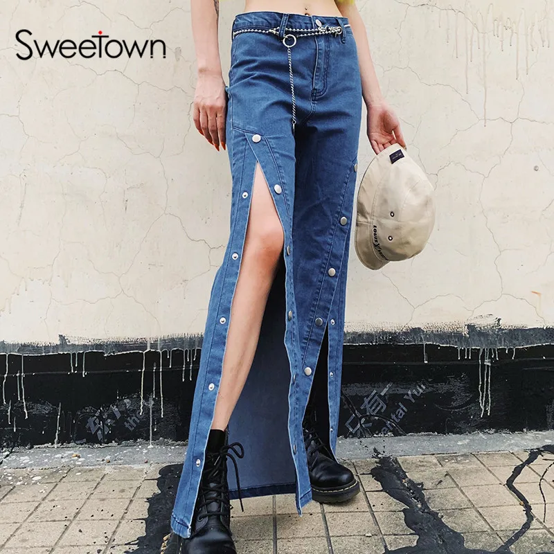 Sweetown/ повседневные модные джинсовые брюки-клеш, Осень-зима, средняя талия, пуговицы, Splittable, сексуальные расклешенные брюки для женщин, уличная одежда