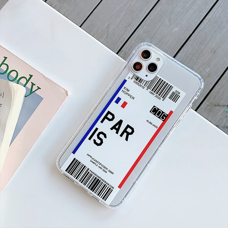 Cute travel ticket label Phone Case for iphone 12 11 Pro XS MAX 6 7 8 plus X XR Cases Flight Ticket Letter Clear Soft silicone 