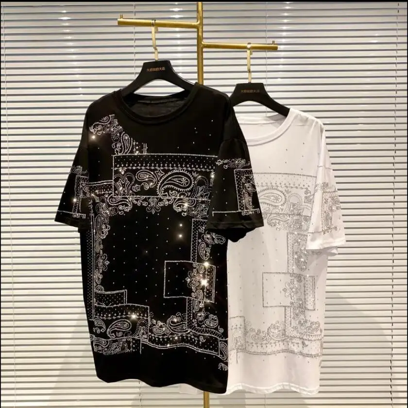 Streetwear Shiny T-shirt 2020 Summer Women Cool Rhinestone Hot Drilling Loose Short-Sleeved Short Sleeve Female Long Tee | Женская