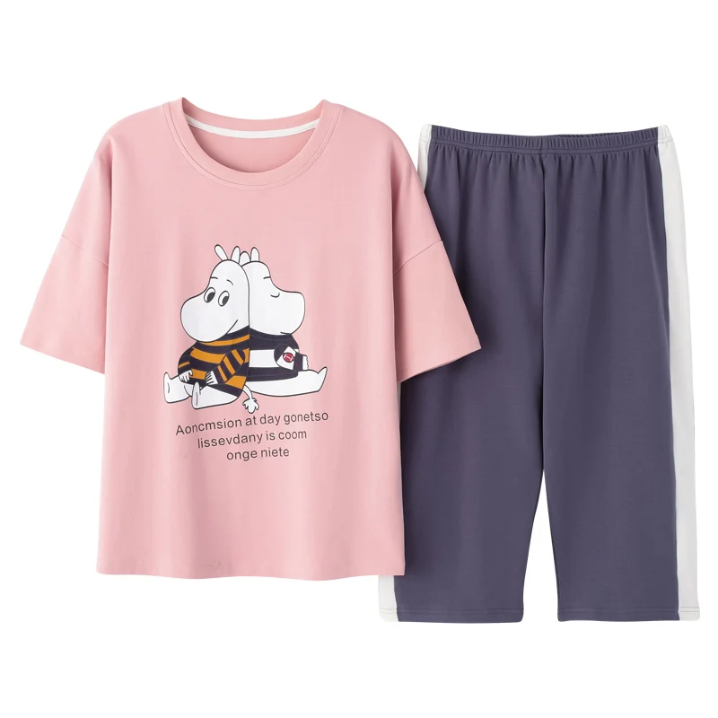

Cotton Sweet Cropped Pants Women's Soft Casual Sleepwear Summer Cartoon Big White Bear Kawaii Round Neck Short-sleeved Home Wear