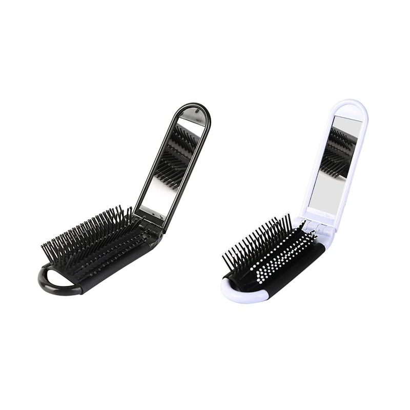 

2x Portable Travel Folding Hair Brush with Mirror Compact Pocket Size Comb-Black & White