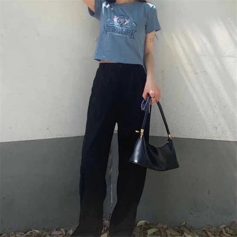 

Fashion Black Wine red loose wide leg pants women Elastic high-waisted streetwear trousers Korean Casual solid Full Length pant