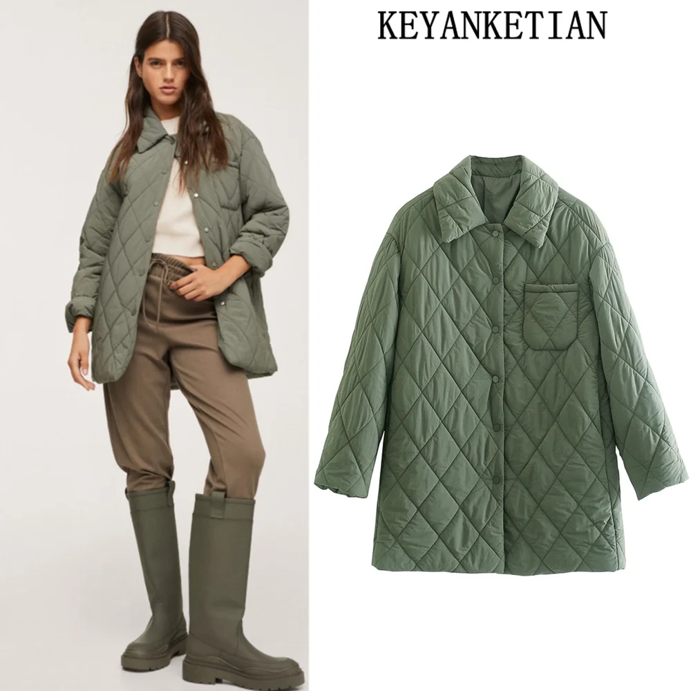

KEYANKETIAN ZA Women's cotton quilted autumn and winter lapel coat women's mid-length rhombus thick warm jacket