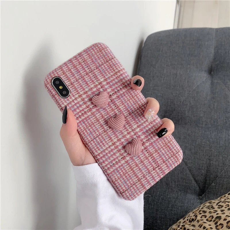

Роскошный 3D чехол с милым сердцем из хлопка и льна, квадратный клетчатый мягкий чехол для телефона iphone 12 Pro 11 7 8 6 S plus X XR XS MAX, милый чехол для де...