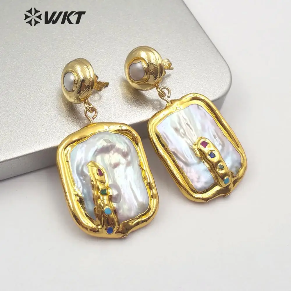 

WT-E574 wholesale price colorful stone pave with pearl Earrings white pearl round square irregular shape gold Jewelry Earrings