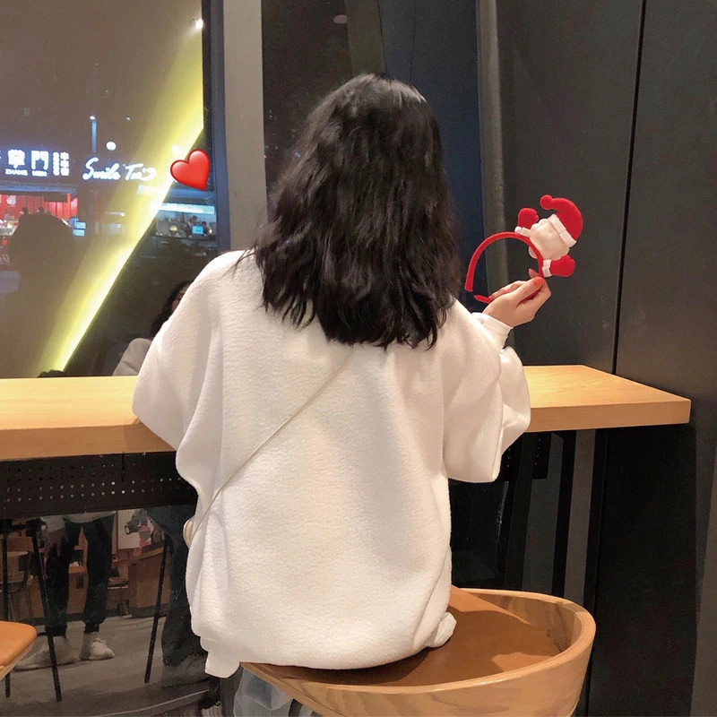 

QRWR 2021 New Sweatshirt Women Korean Christmas Embroidery Fake Two Sweatshirt Fashion Loose Thick Fleece Women Sweatshirt