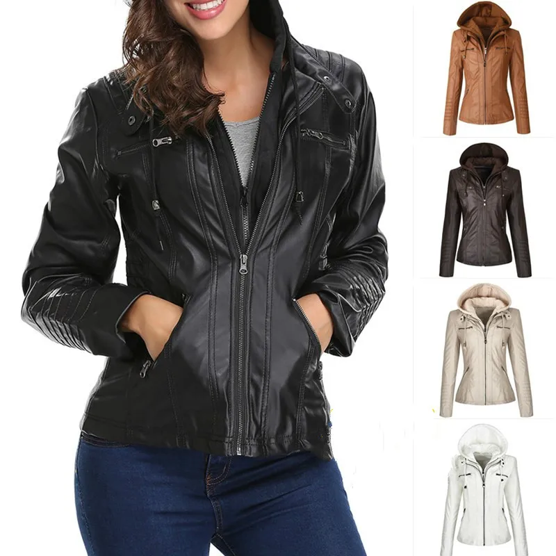 

Women PU Leather Hooded Jacket Coat Autumn Winter Outwear Slim Double Zipper Coats Fashion Solid Windbreaker Warm Motor Jackets