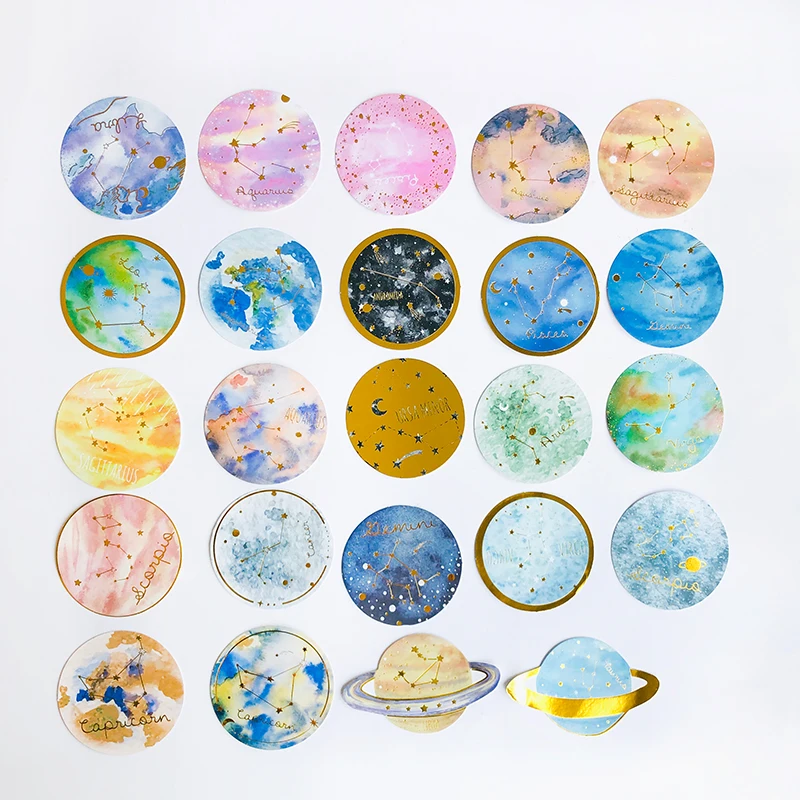 

24PCS /Pack Golden Stamping Round Starry Sky Planets Sticker Diary DIY Decor