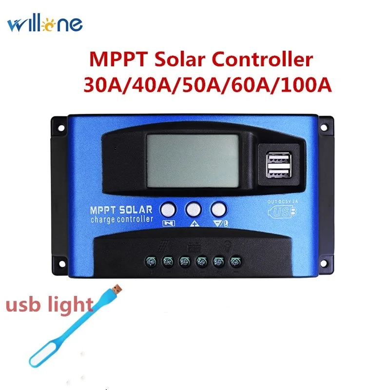Контроллер солнечных батарей Willone 30 А/40 А/50 А/60 А/100 А с двумя USB портами и ЖК