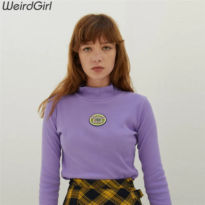 Weirdgirl Женская Повседневная модная Водолазка с длинным рукавом фиолетовые Осенние футболки с надписями элегантные свитшоты Женский Пуловер Свободный