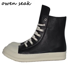 Owen Seak Men Shoes High-TOP Ankle Boots Genuine Leather Women Sneaker Luxury Trainers Casual Lace-up Zip Flat Black White Shoes