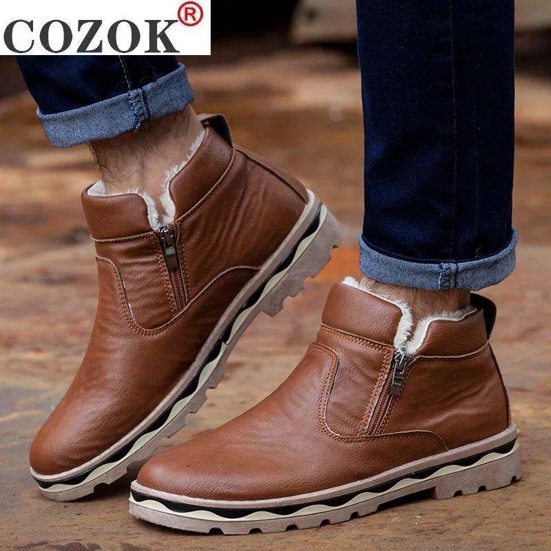 

Men Fur Cotton Ankle Boots Casual Plush Leather Super Warm Snow Boots Fashion Zipper Flats Shoes Non-Slip Winter boots 2020