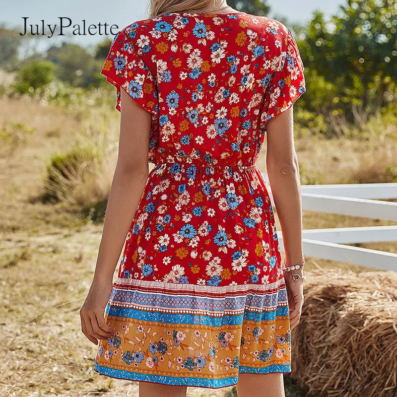 

Julypalette Summer V-neck Floral Women's Dresses Bohemian Ruffles Sleeve Lace-up Bow Mini Dress Holiday Beach Vintagesundress