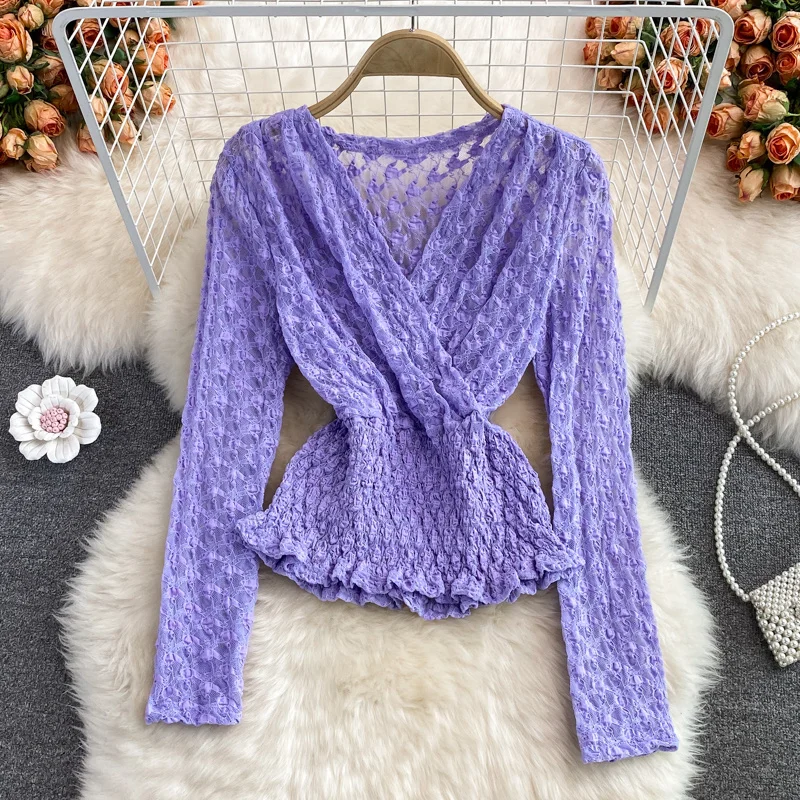 

Autumn 2021 New French Hollow Lace Blouse Women's V-neck Slim Long Sleeve Top Girl Ins France Fashion Shirt