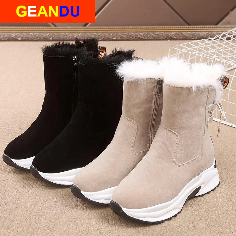 

Women's Snow Boots Winter New Matte Leather Wedge With Warm Round Toe Platform Boots Shoes Female Ankle Plush Wedges Lace-up