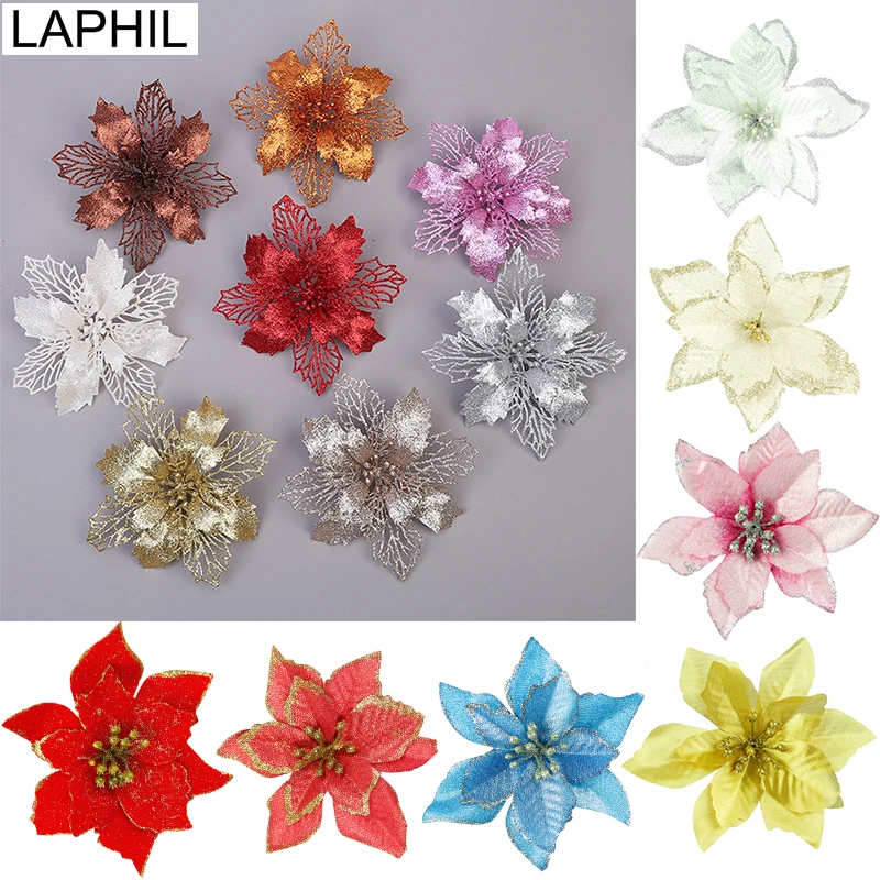 LAPHIL 10pcs Artificial Christmas Flowers Glitter Fake Flower Xmas Tree Ornaments Home Decorations Merry Christmas Party Gift