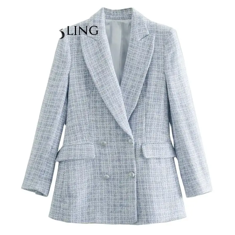 

Blue Women 2021 Chic Double Breasted Blazers Coat Female Outerwear Office Lady Jacket Plaid Suit Workwear